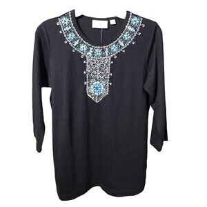 Quacker‎ Factory Womens XS Black Beaded Turquoise Sequin Bib 3/4 Sleeve Knit Top